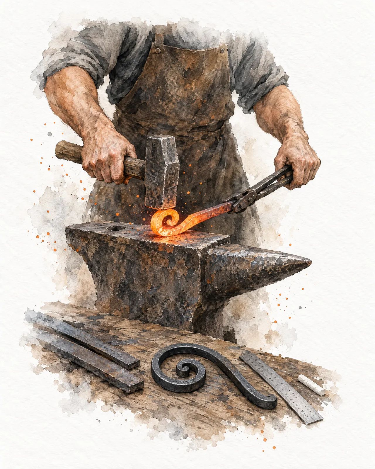 Aquarelle : mains d’un ferronnier façonnant une volute en fer sur l’enclume