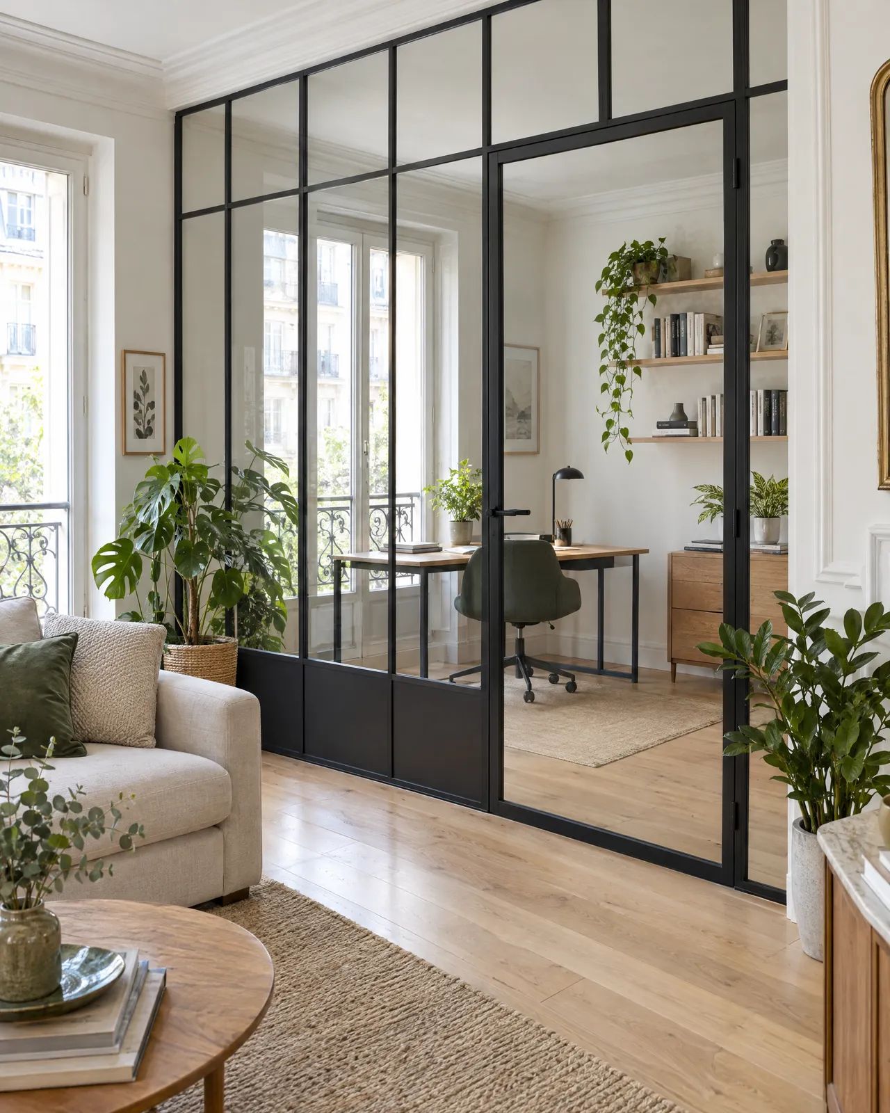 Verrière d’intérieur en acier noir avec porte vitrée, isolant un coin bureau