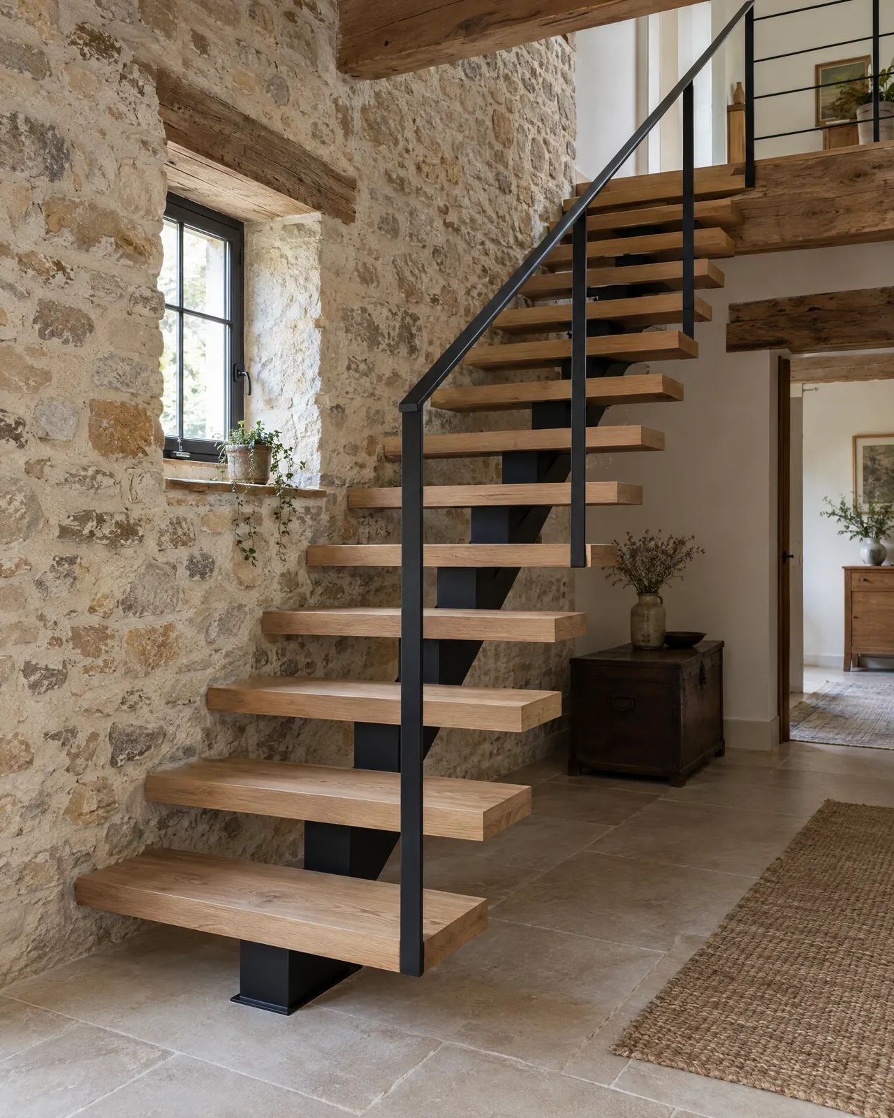 Escalier droit en acier noir à limon central et marches en chêne, dans une maison en pierre