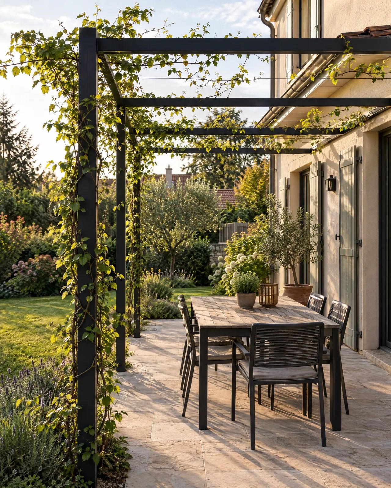 Pergola en acier noir au-dessus d’une terrasse de jardin