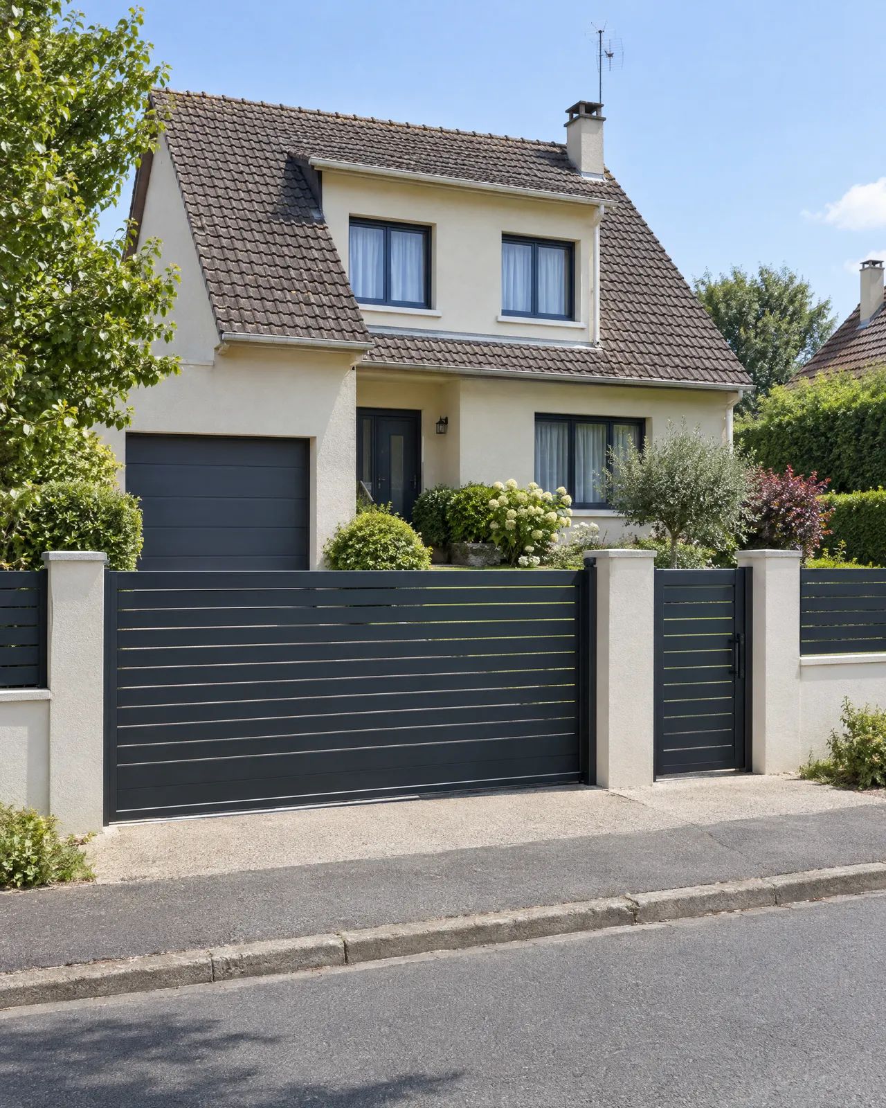 Portail coulissant à lames horizontales en acier noir devant une maison individuelle