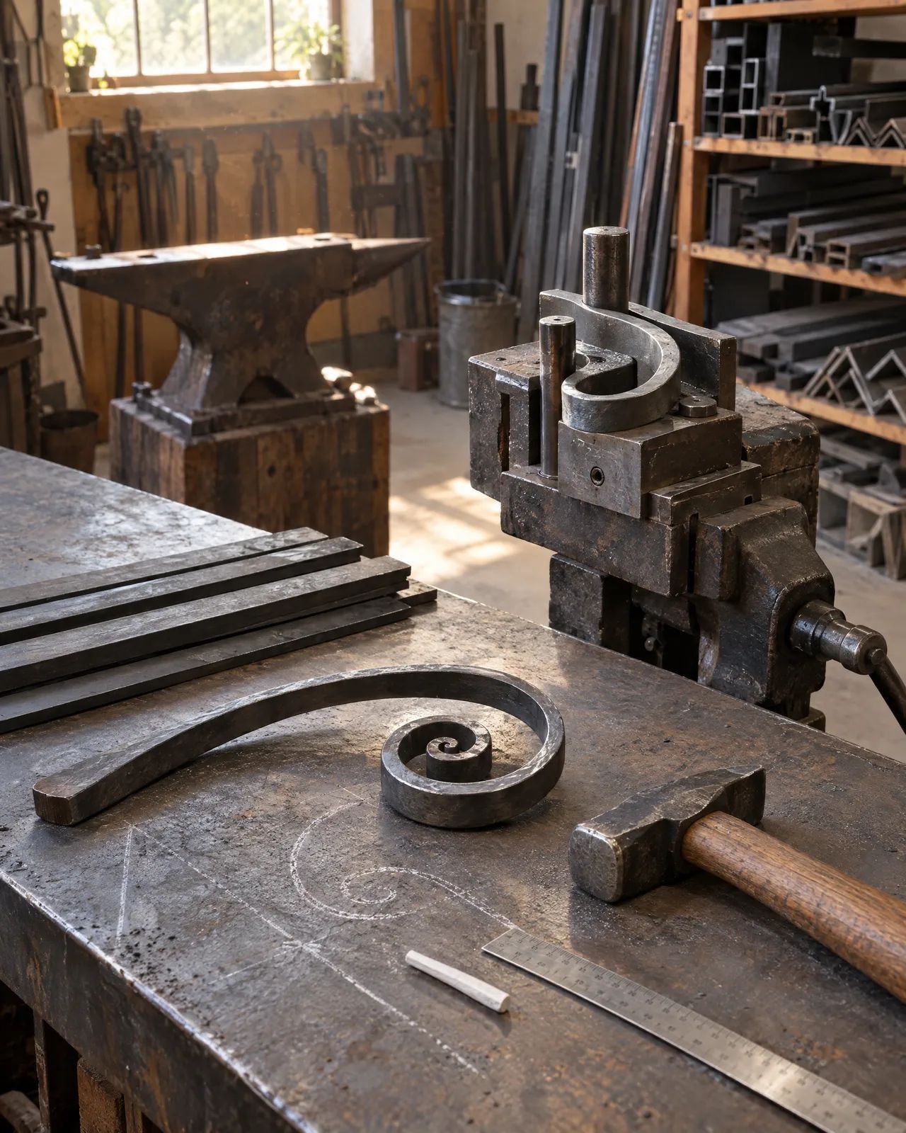 Établi d’atelier avec fers plats, volute cintrée à la main et gabarit de cintrage serré dans un étau