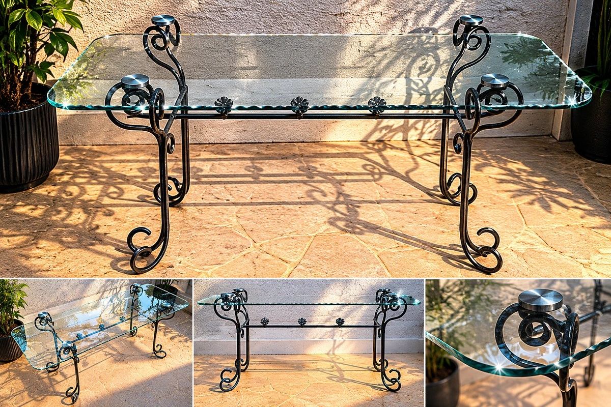 Table basse au piètement en fer forgé à volutes et plateau en verre transparent